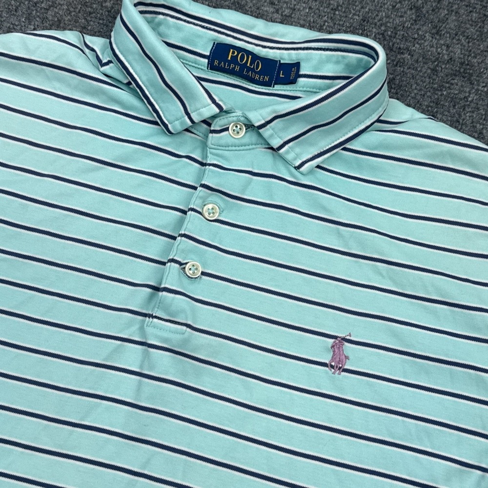 Ralph Lauren Polo Shirt Mens Size Large Light Blue Stiped Pink Pony Casual